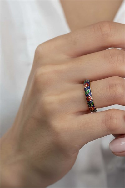 Green Enamel Adjustable Ring with Floral Pattern | Elegant, Shiny & Hypoallergenic