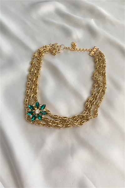 Green Crystal Tipped Gold Chain Necklace