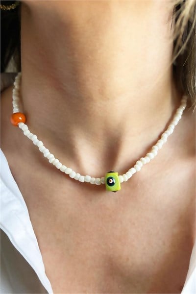 Green Evil Eye Bead White Necklace