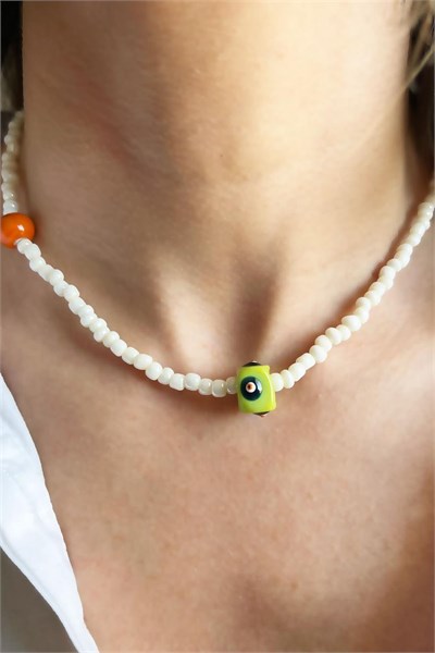 Green Evil Eye Bead White Necklace