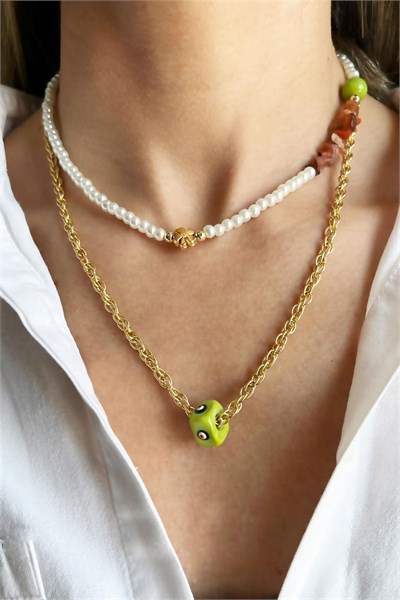 Green Evil Eye Bead Natural Broken Stone Double Chain Pearl Necklace