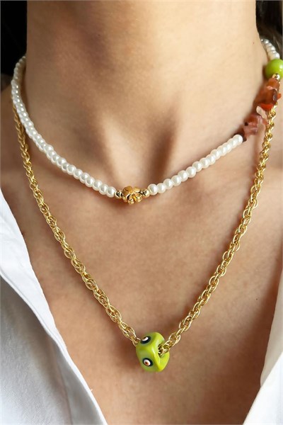 Green Evil Eye Bead Natural Broken Stone Double Chain Pearl Necklace