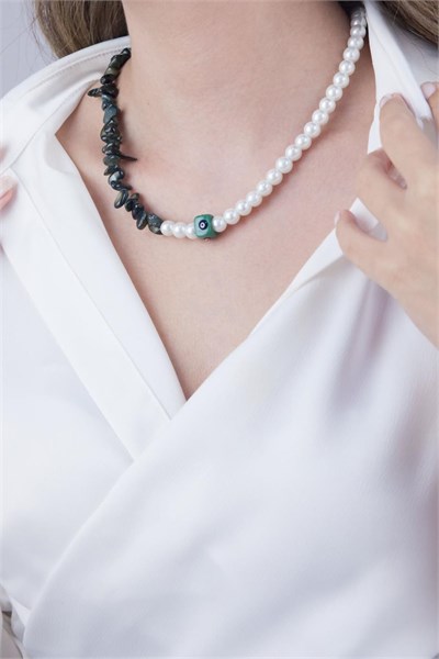 Green Evil Eye Bead Broken Stone and Pearl Necklace