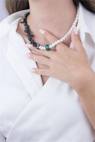 Green Evil Eye Bead Broken Stone and Pearl Necklace