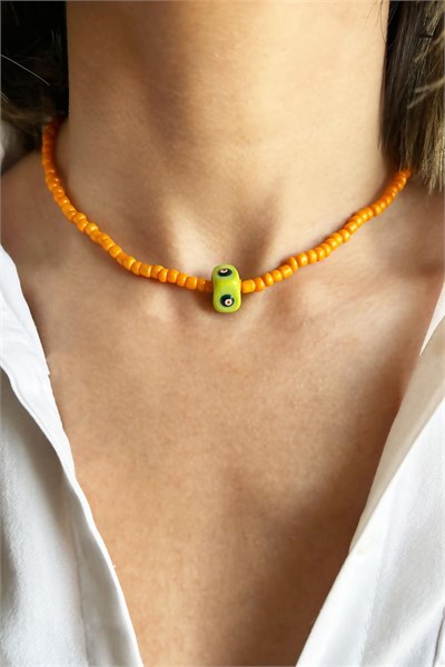 Green Evil Eye Bead Orange Necklace