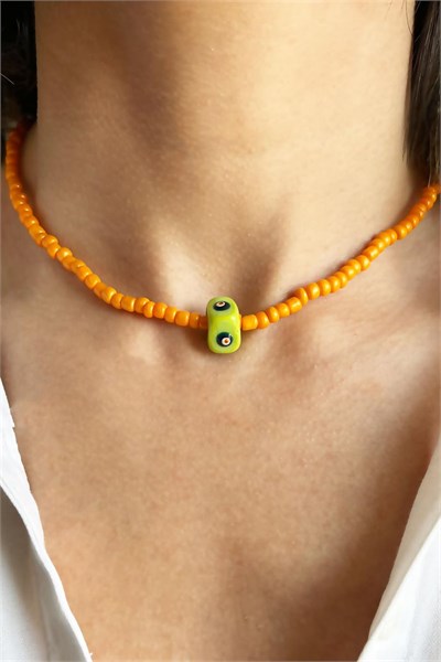 Green Evil Eye Bead Orange Necklace