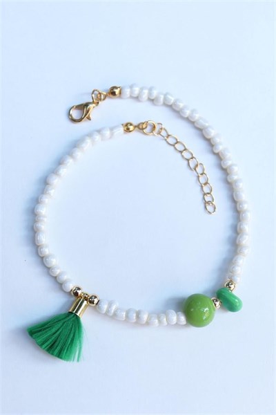 Green Tassel Detailed Bead Bracelet