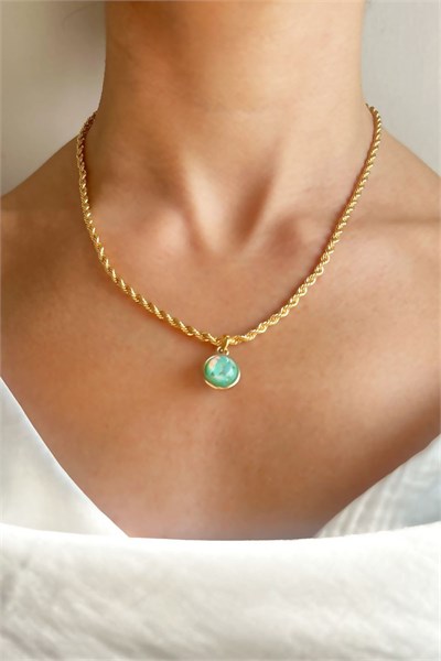 Green Stone Gold Spiral Chain Necklace