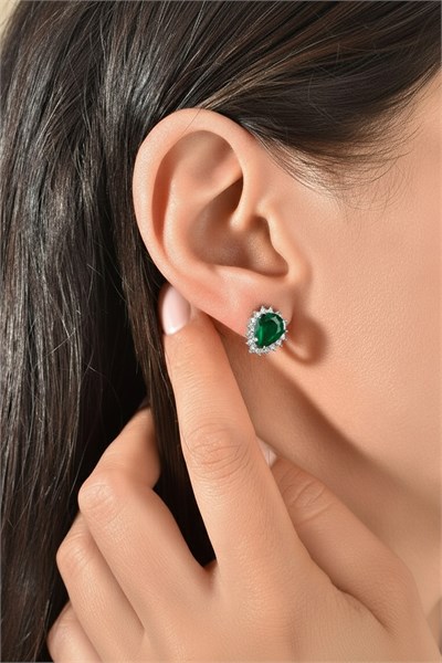 Green Zircon Stone Drop Model Evening Dress Earrings - Shiny Silver Color Stylish Earrings