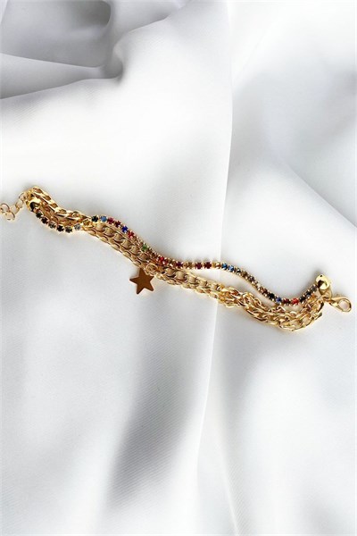 Star Detailed Colorful Swarovski Stone Gold Bracelet