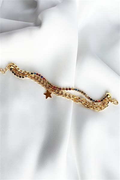 Star Detailed Colorful Swarovski Stone Gold Bracelet