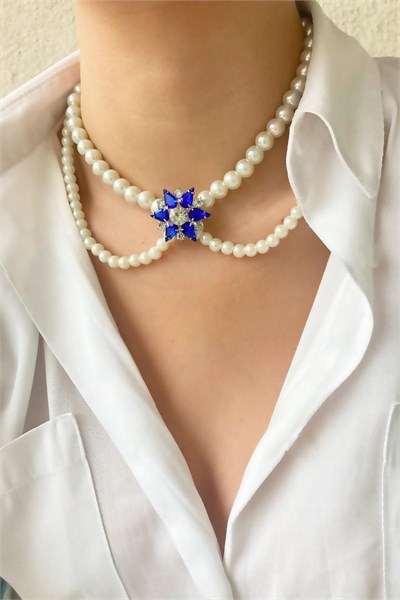 Star Crystal Tipped Pearl Necklace - Navy