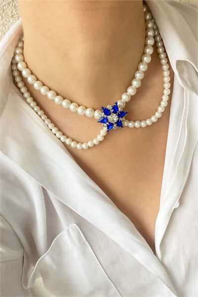 Star Crystal Tipped Pearl Necklace - Navy