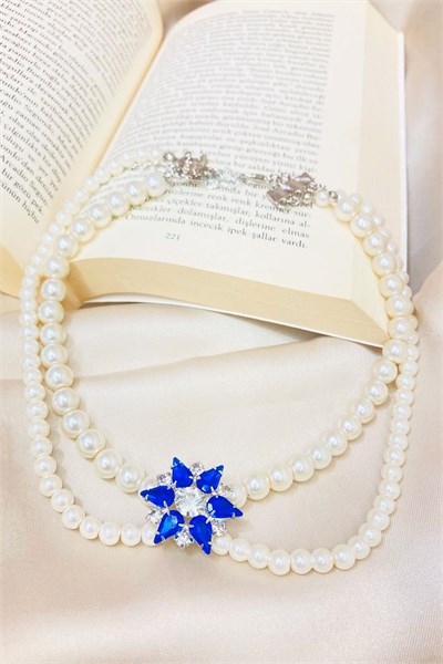 Star Crystal Tipped Pearl Necklace - Navy