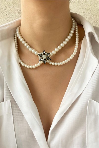 Star Crystal Tipped Pearl Necklace - Black