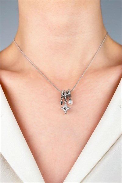 Star and Pearl Tipped Charm Steel Necklace - Silver