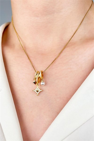 Star and Pearl Tipped Charm Steel Necklace - Gold