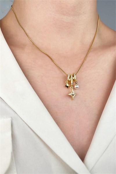 Star and Pearl Tipped Charm Steel Necklace - Gold