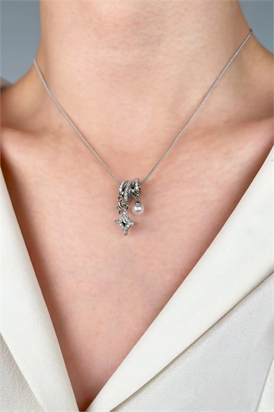 Star and Pearl Tipped Charm Steel Necklace - Silver