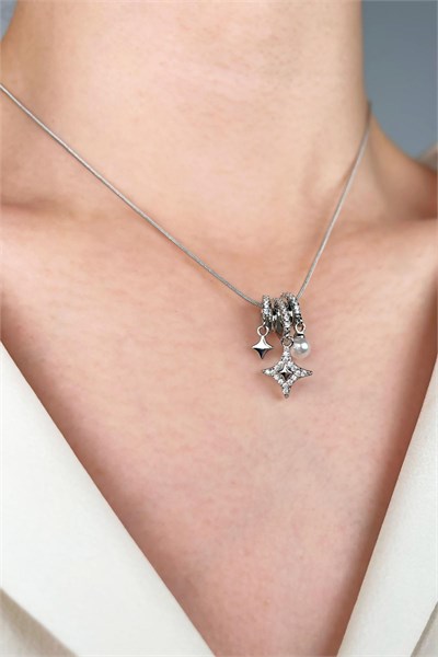 Star and Pearl Tipped Charm Steel Necklace - Silver