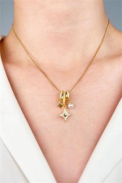 Star and Pearl Tipped Charm Steel Necklace - Gold