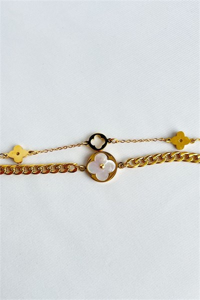 Clover Figure Gold Color Double Steel Bracelet