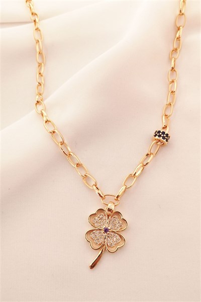 Clover Figure Colorful Stone Gold Chain Necklace