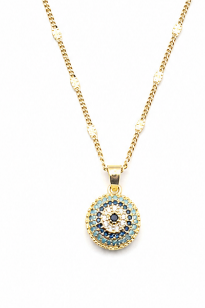 Brass Necklace with Round Evil Eye Charm and Cubic Zirconia - Gold-Tone