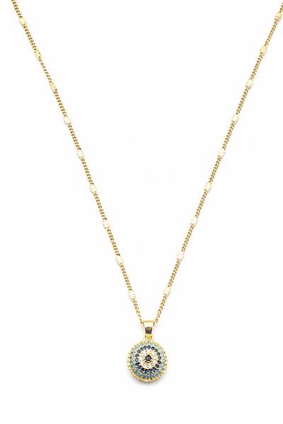 Brass Necklace with Round Evil Eye Charm and Cubic Zirconia - Gold-Tone