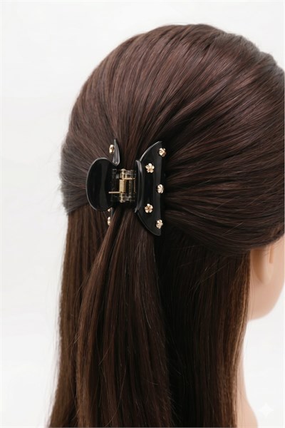 Elegant Acrylic Hair Claw Clip with Floral Detail - Black
