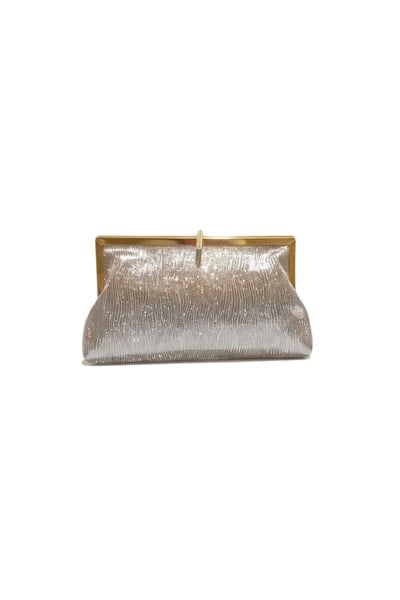 Elegant Shimmering Evening & Shoulder Bag with Clasp Detail - Platinum Glitter