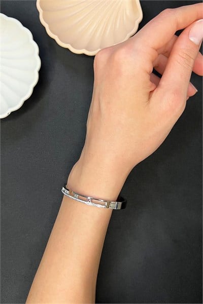 Zircon Processed Roman Numeral Silver Color Steel Cuff Bracelet