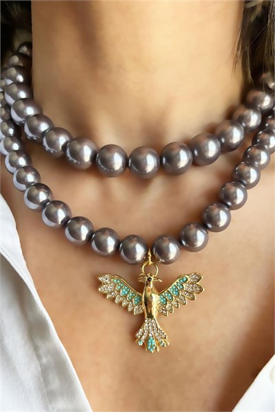 Zircon Processed Turquoise Phoenix Detailed Gray Pearl Necklace