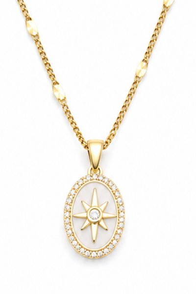 White North Star Necklace with Cubic Zirconia Halo - Gold-Tone
