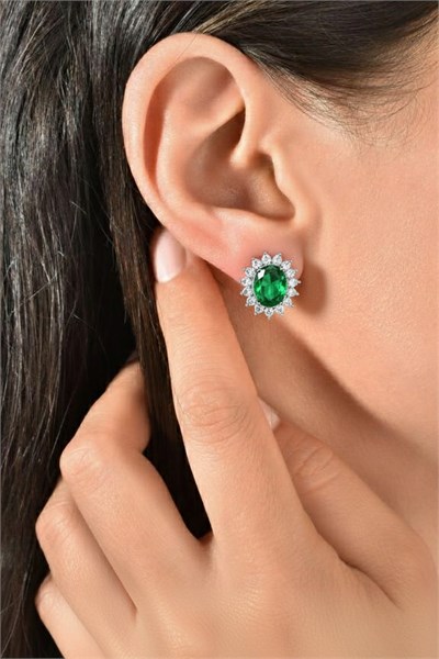 Green Sparkling Earrings with Zircon Stone Detail - Silver Color Anti Allergic Design