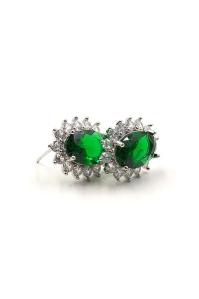 Green Sparkling Earrings with Zircon Stone Detail - Silver Color Anti Allergic Design