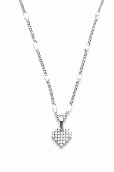 Brass Necklace with Heart-Shaped Cubic Zirconia Charm and Decorative Chain - Silver-Tone