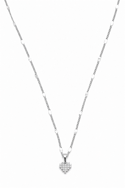 Brass Necklace with Heart-Shaped Cubic Zirconia Charm and Decorative Chain - Silver-Tone