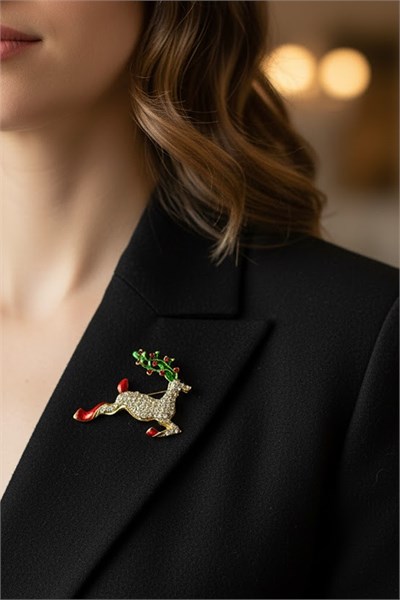Gold-Tone Deer Brooch with Cubic Zirconia - 5 cm