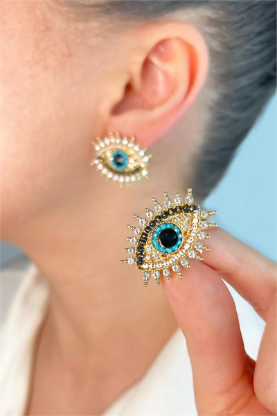 Zircon Stone Eye Model Earrings - Gold