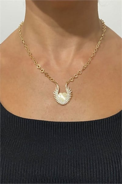 Zircon Stone Heart and Wing Detailed Gold Chain Necklace