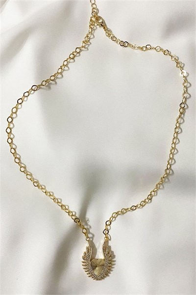 Zircon Stone Heart and Wing Detailed Gold Chain Necklace