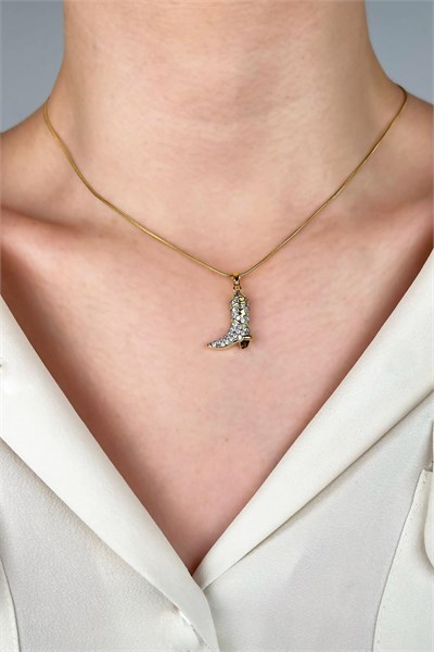 Zircon Stone Cowboy Boot Steel Necklace - Gold