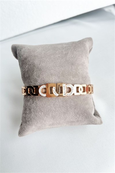 Zircon Stone Rose Branded Steel Cuff Bracelet