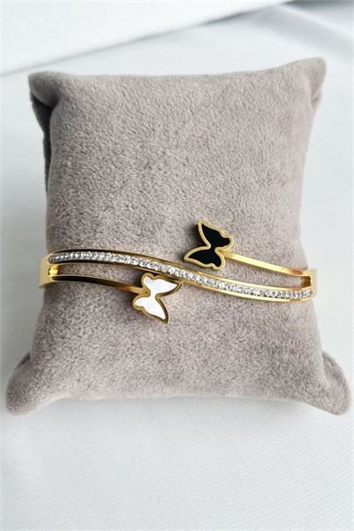 Zircon Stone Black White Butterfly Figure Gold Steel Cuff Bracelet