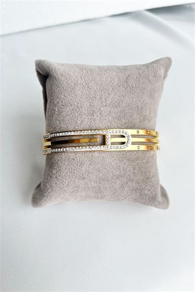 Zircon Stone Triple Striped Gold Steel Cuff Bracelet