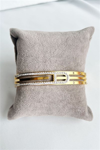 Zircon Stone Triple Striped Gold Steel Cuff Bracelet
