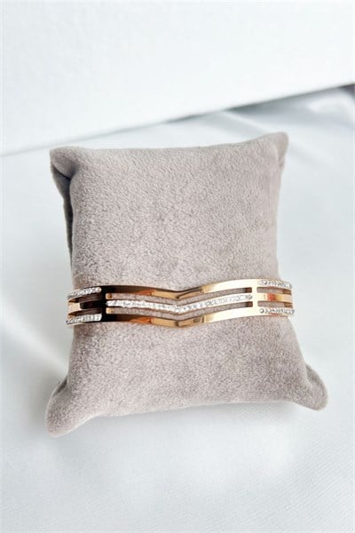 Zircon Stone Triple Striped Rose Steel Cuff Bracelet
