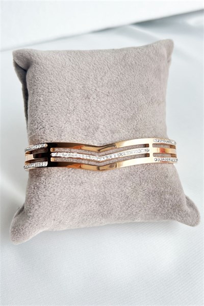 Zircon Stone Triple Striped Rose Steel Cuff Bracelet