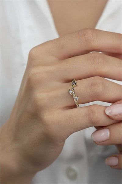 Cubic Zirconia Leaf Ring - Gold-Tone | Adjustable, Elegant Design